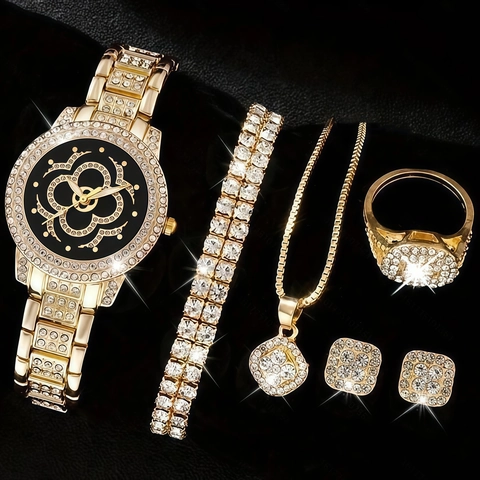Luxury Iced Out Watch Bracelet Necklace Ring Earrings Alloy Rhinestone Fashion Accessory For Women