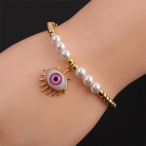 Bracciale Con Perline Malocchio Perline Di Rame Imitazione Perla Artificial Ciondolo Gioielli Boho Per Donna Elastico Regolabile