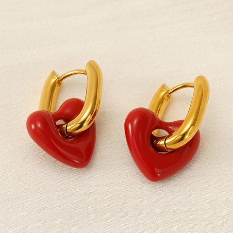 Pendientes De Aro Con Colgante De Corazón Rojo De Acero Inoxidable Chapado En Oro De 18K Para Mujer