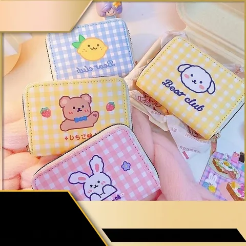 Kawaii Cartoon Card Holder PU Leather Checkerboard Plaid Large Capacity Zipper Wallet For Women Girls Students Cute