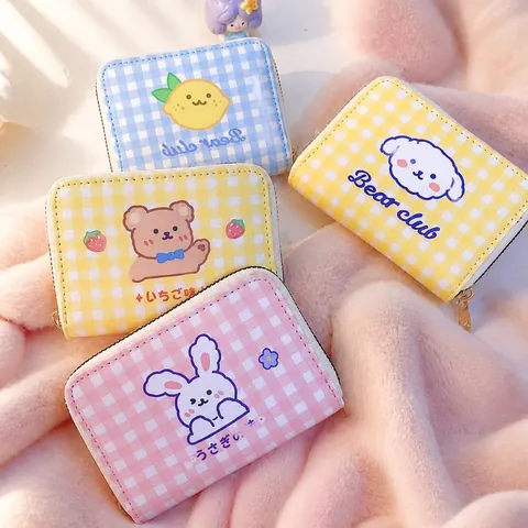 Kawaii Cartoon Card Holder PU Leather Checkerboard Plaid Large Capacity Zipper Wallet For Women Girls Students Cute