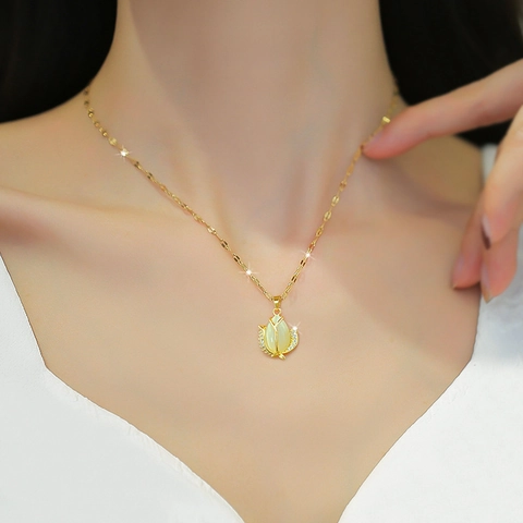 Tulp Hanger Ketting Met Kattenoog Steen Zirkoon Roestvrijstalen Ketting Koper Licht Luxe Sieraden Voor Dames Elegant