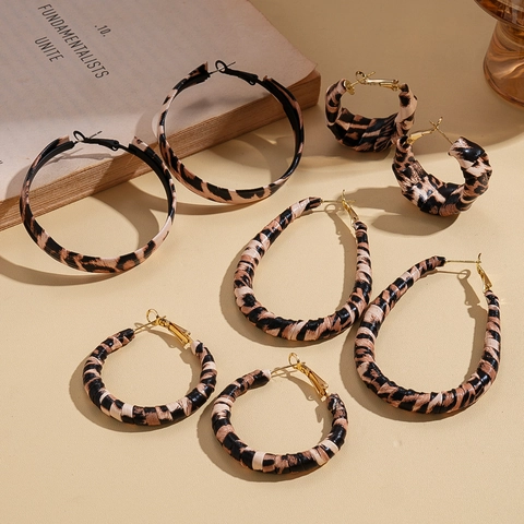 Leopard Print Hoop Earrings Vintage Leather Wrapped Round Teardrop With 925 Sterling Silver Earring Post
