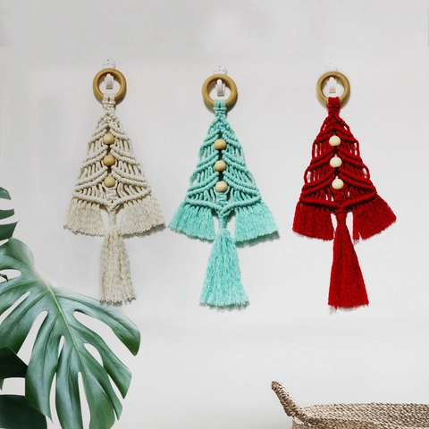 Macrame Weihnachtsbaum Wandbehang DIY Kit Baumwollseil Mit Holzperlen Ring Handgefertigt Böhmische Feiertagsdekoration