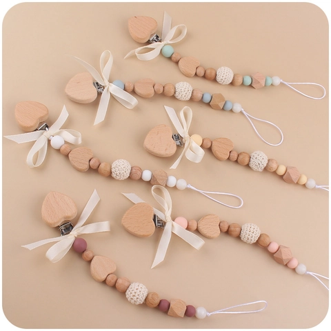 Baby Pacifier Clip Chain Silicone Beech Wood Beads Heart Teether Toy Soothing Handmade Cartoon Bracelet For Infants