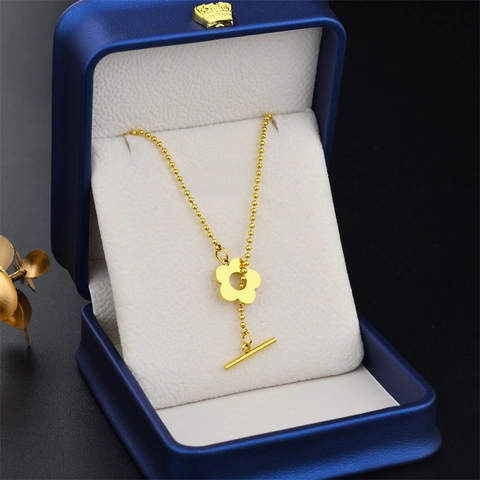 Minimalistische Edelstahl Blume Anhänger Halskette Für Damen Vergoldet Kugelkette OT Knebelverschluss Mode Schmuck Geschenk
