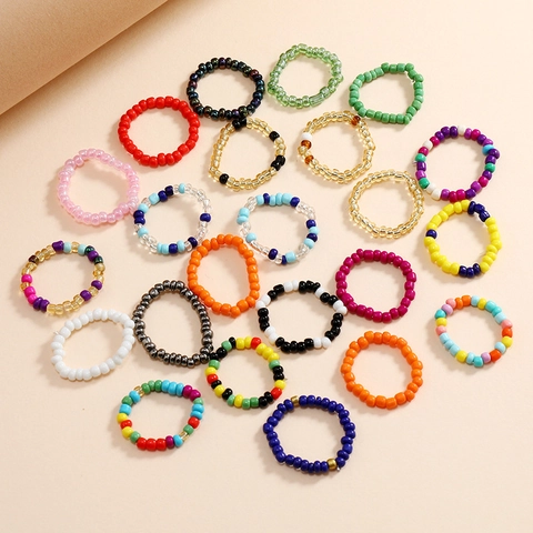 Anillos De Cuentas De Semillas Coloridos Hechos A Mano Joyería Elástica Minimalista De Resina Y Vidrio Para Mujeres