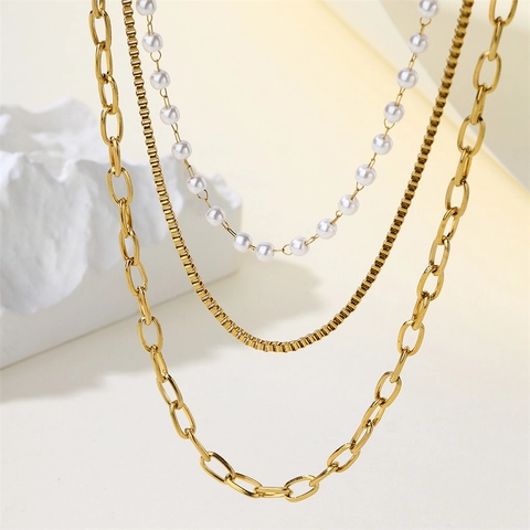 Layered Necklace Stainless Steel 18K Gold Plated With White Faux Artificial Pearl Paperclip And Box Chain Fashion Jewelry For Women