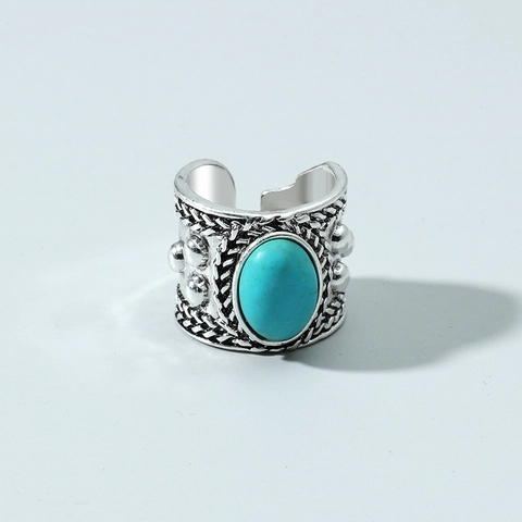Vintage Boho Legierung Ring Mit Türkis Oval Stein Antik Silber Offen Verstellbar Geschnitzter Fingerschmuck Damen