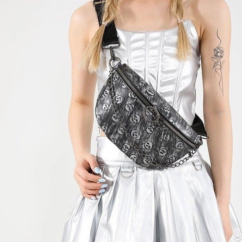 Riñonera Para Mujer Con Estampado De Calavera Cuero PVC Bolso De Pecho Con Decoración De Cadena Gótica Streetwear Bolso Cruzado