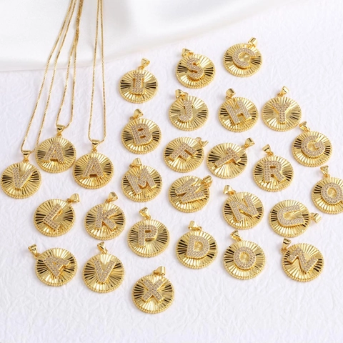 Collana Con Lettera Iniziale Pendente Rotondo Placcato Oro Rame Micro Pavé Zircone Motivo Raggi Di Sole Catena Box Gioielli Minimalisti