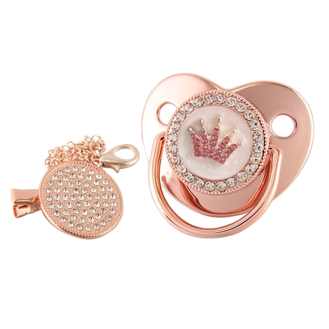 Luxury Bling Baby Pacifier And Clip Silicone Orthodontic Soother Rhinestone Crown Heart Design For Infants
