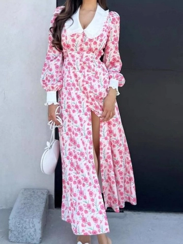 Polyester Floral Midi Dress Peter Pan Collar Long Sleeve Contrast Cuffs Single Breasted Slit Hem Elegant Pink Women