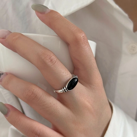 925 Sterling Zilveren Zwarte Agaat Ring Voor Dames Verstelbaar Ovaal Edelsteen Retro Minimalistische Sieraden