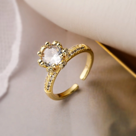 Adjustable Open Ring Copper Gold Plated Round White Zircon Crown Setting Geometric Elegant Jewelry For Women