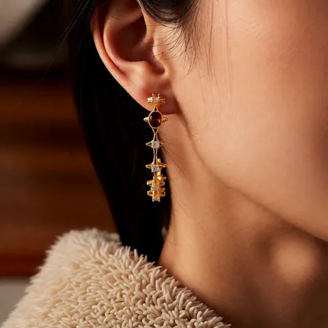 C-Shaped Hoop Earrings With 925 Sterling Silver Earring Post Retro Gold Plated Tiger Eye Stone Artificial Pearl Zircon Jewelry For Women