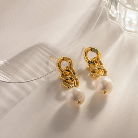 Orecchini Pendenti Con Perla Artificial Catena Cubana Acciaio Inossidabile Oro Geometrico Per Donna Gioielli Eleganti