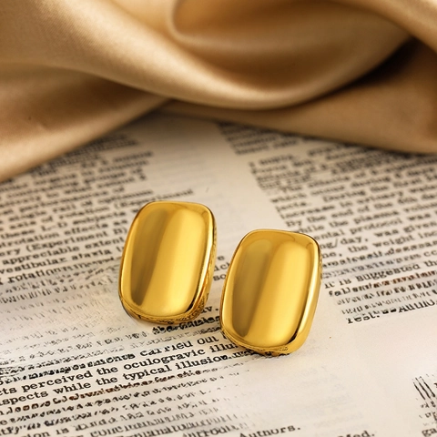 18K Gold Plated Stainless Steel Rectangular Stud Earrings Glossy Concave Geometric Design For Women Versatile Jewelry Gift