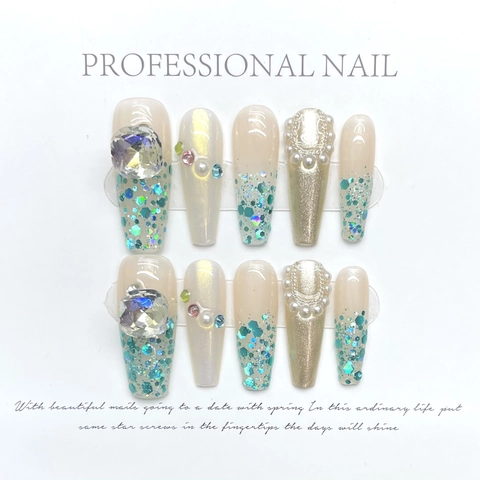 Uñas Postizas Hechas A Mano Ataúd Largas Degradado Azul Lujo Diamantes Imitación Perlas Artificiales Brillo Reutilizables Elegantes