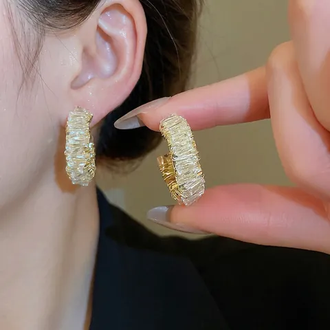 C-Form Creolen Mit Drahtumwickelten Baguette-Kristallen Und 925 Sterling Silber Ohrstecker Retro Für Damen