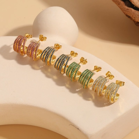 Boucles D'oreilles Créoles En C Élégantes Pour Femmes Multi Couches Cuivre Avec Zircon Coloré Micro Pavé Doré Bijoux