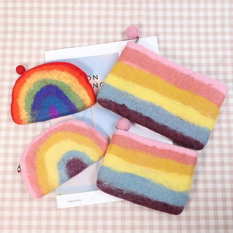 Handmade Wool Felt Coin Purse Rainbow Striped Macaron Mini Zipper Wallet Storage Bag For Coins Cards Keys Cute Pouch