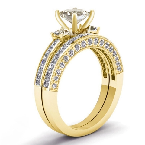 Prinses Geslepen Vierkante Zirkoon Hoofdring En Band Koper Bruiloft Verloving Luxe Sieraden Voor Dames