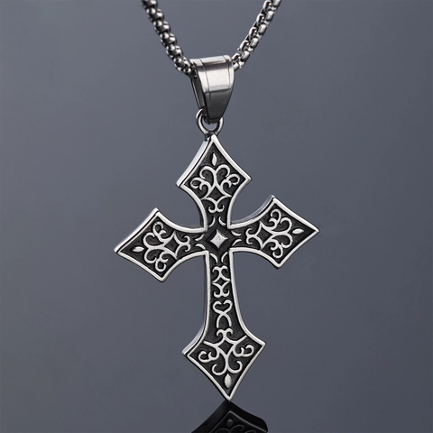Collana Con Pendente A Croce Intagliata Vintage Acciaio Inossidabile Retro Vichingo Gotico Hip Hop Punk Gioielli Da Uomo