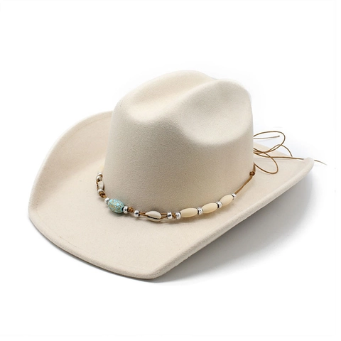 Western Cowboy Hat Bohemian Ethnic Wool Felt Wide Brim Sun Protection Shell Turquoise Beads Fedora For Women Men