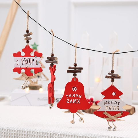 Wooden Christmas Hanging Ornaments Snowflake Reindeer Bell Tree Shape Festive Holiday Decoration With Bow And Bells