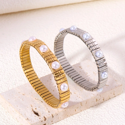 Bracciale Rigido Elastico In Acciaio Inossidabile Con Perla de Agua Dulce D'acqua Dolce Bracciale Vintage Estensibile Per Donna