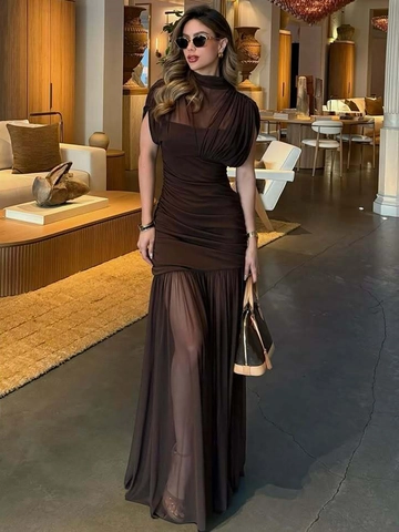 Vestito Maxi Da Donna Cuciture In Mesh Arricciate Collo Alto Maniche A Sbuffo Sexy Bodycon Sera Festa Banchetto Elegante