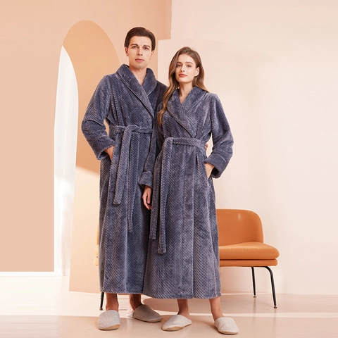 Unisex Verdickter Flanell Bademantel Waffelstruktur Schalkragen Warmer Wintermantel Lange Nachtwäsche Für Paare