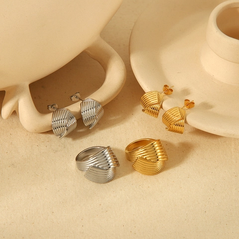 Minimalistische Geometrische Gedraaide Spiraalring En C-Vormige Oorbellen Verguld Roestvrij Staal Sieraden Voor Vrouwen