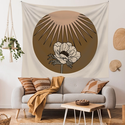 Bohemian Wall Tapestry Polyester Sun Ray And Anemone Flower Print Nordic Style Minimalist Home Decor Hanging Background