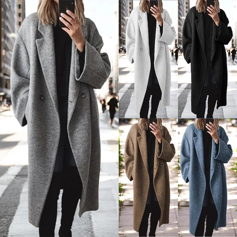 Damen Elegant Wollmischung Langer Mantel Zweireihig Revers Übermantel Locker Winter Warm Mode Trenchcoat Streetwear Für Damen
