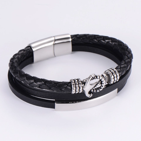 Men Multi Layer Braided PU Leather Bracelet With Stainless Steel Anchor Charm Magnetic Buckle Retro Nautical Jewelry