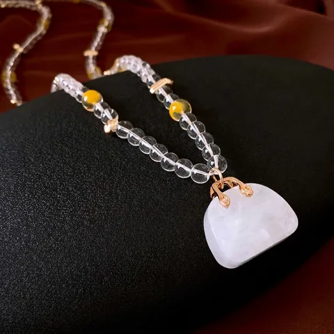 Beaded Necklace With White Stone Bag Pendant Glass Beads Gold Metal Accents Fashion Clavicle Chain For Women
