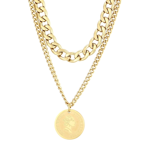 Collar Doble Capa Vintage Acero Inoxidable Cadena Eslabones Colgante Moneda Retrato Retro Joyas Punk Hip Hop Mujeres