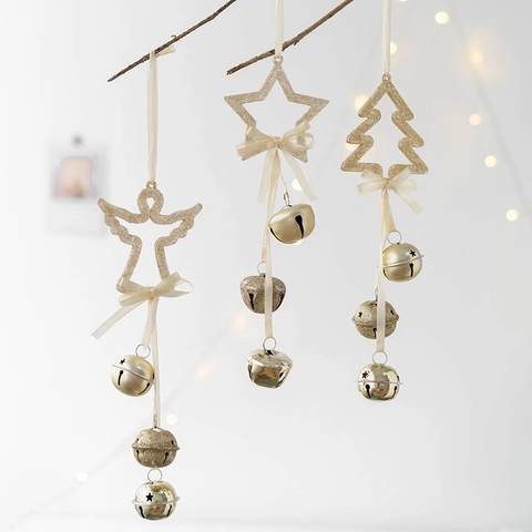 Weihnachtsglocken Anhänger Engel Stern Baum Glitzer Acryl Champagner Gold Festliche Feiertagshausdekoration