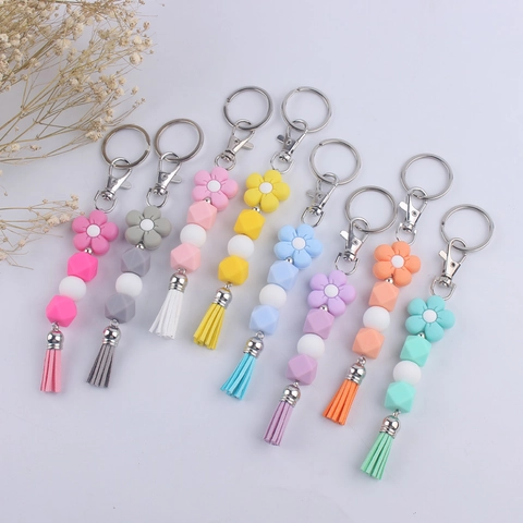 Portachiavi con Perline a Forma di Fiore in Silicone Con Nappina Perline Geometriche Ciondolo Borsa per Donna Fatto a Mano