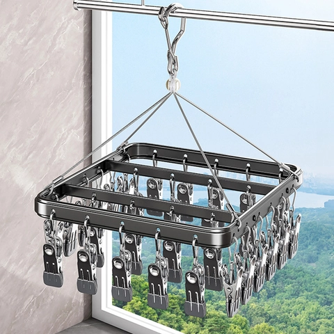 Multi-Clip Laundry Drying Rack Aluminum Alloy Windproof Rotating Hook Socks Underwear Hanger Rustproof Space Saving