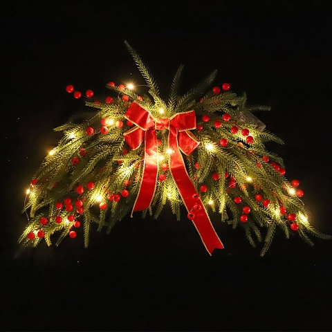 Christmas Door Swag Artificial Pine Needles Red Berries Velvet Bow Warm LED Lights Festive Wall Hanging Decoration Holiday Home