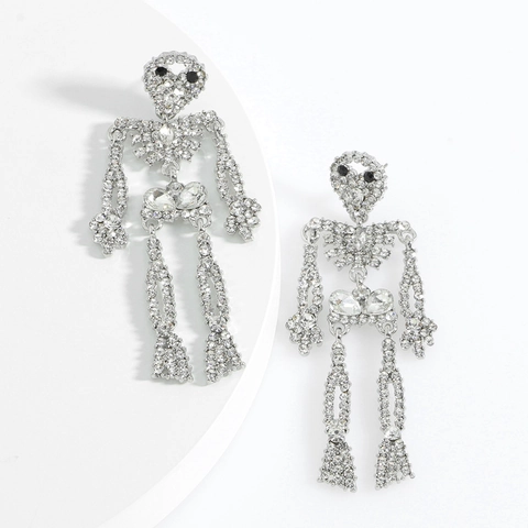 Boucles D'oreilles Pendantes Squelette Crâne Alliage Strass Gothique Punk Étincelant Surdimensionné Pour Femmes Halloween