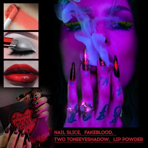 Set Trucco Gotico per Halloween Con Rossetto Glitter Ombretto in Stick a Due Toni Sangue Finto E Unghie Finte Trucco per Effetti Speciali Party Horror