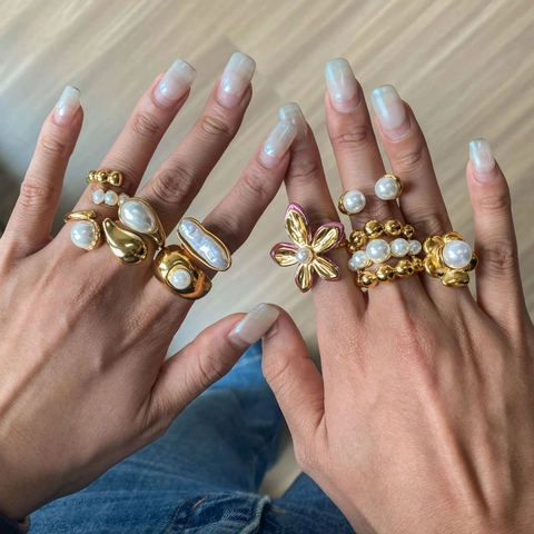 Vintage Edelstahl Künstliche Perle Ring Vergoldet Floral Geometrisch Wasserdicht Hypoallergen Damen Mode Schmuck