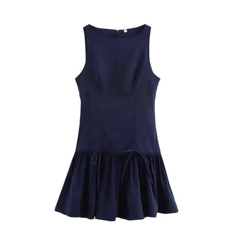 Sleeveless Mini Dress Polyester Round Neck Ruffle Hem Ruched Drawstring Back Zipper Elegant Summer Fashion For Women