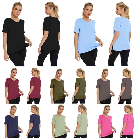 Damen V-Ausschnitt T-Shirt Polyester Einfarbig Locker Kurzarm Seitenschlitz Lässige Sportliche Oberteile