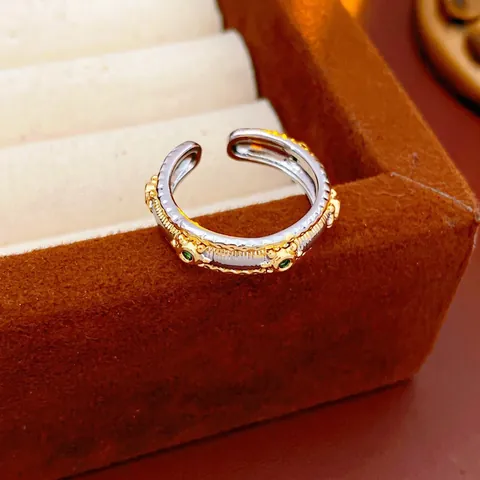 Vintage Verstellbarer Ring Kupfer Zweifarbig Gold Silber Mit Grünem Edelstein Geflochten Texturiert Schmuck Für Damen
