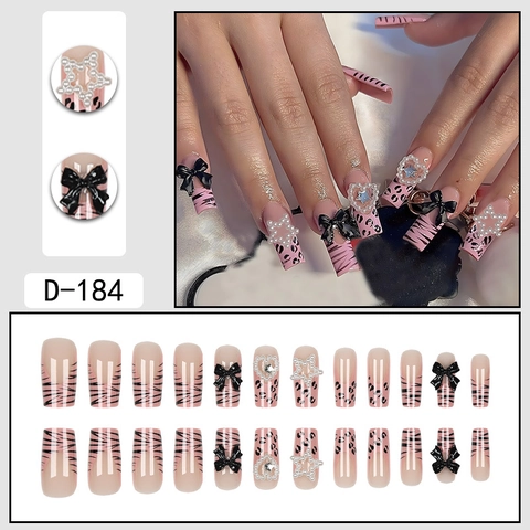 Uñas Postizas Rosas Con Estampado De Leopardo Y Cebra Ataúd Largo Con Lazo 3D Perla Artificial Corazón Estrella Decoración Estilo Dulce Para Mujer